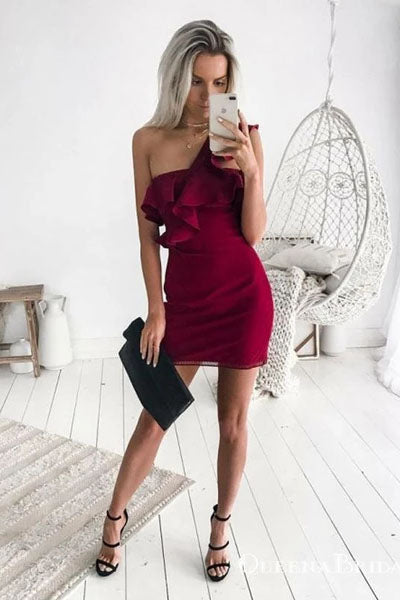 Sheath One Shoulder Sexy Short Formal Dresses, Short Ruffles Homecoming Dresses N2182