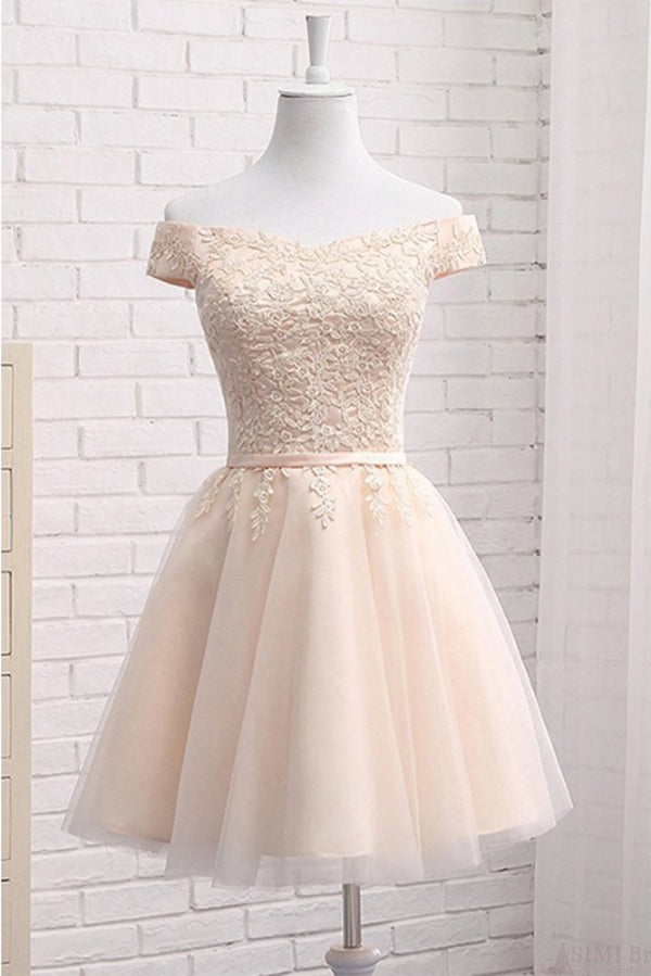 A Line Off Shoulder Tulle Short Homecoming Dress with Appliques, Mini Sweet 16 Dress