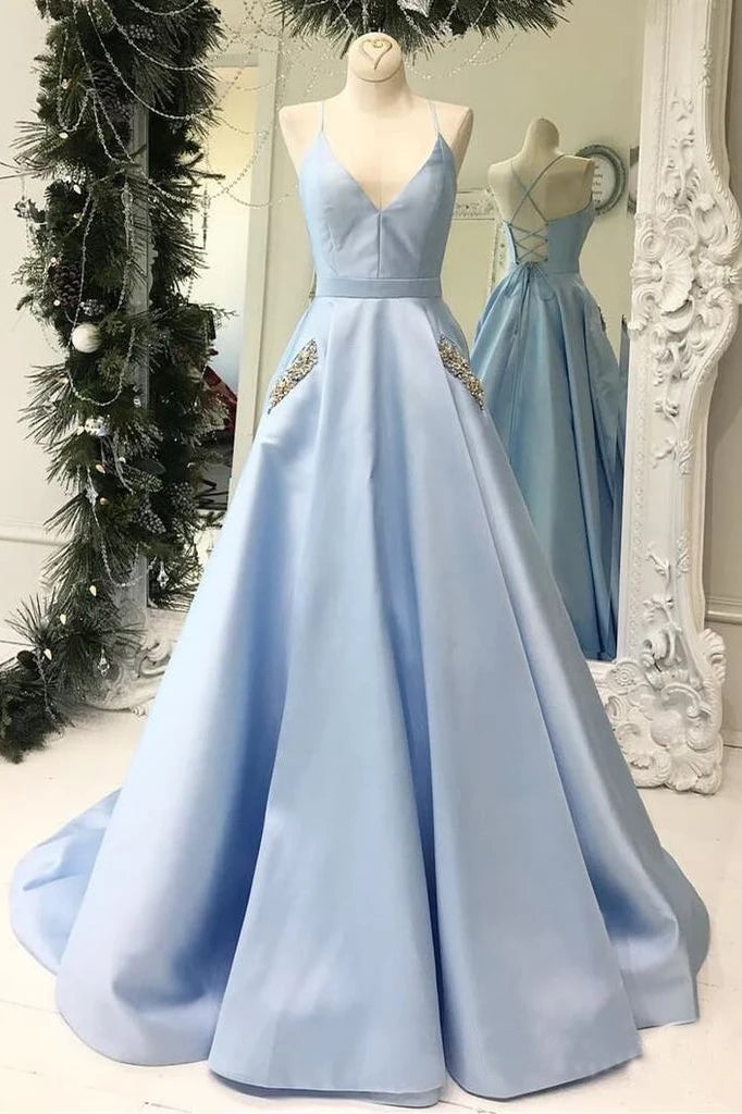 Light Blue V-Neck Floor Length Satin Prom Dresses with Pockets
