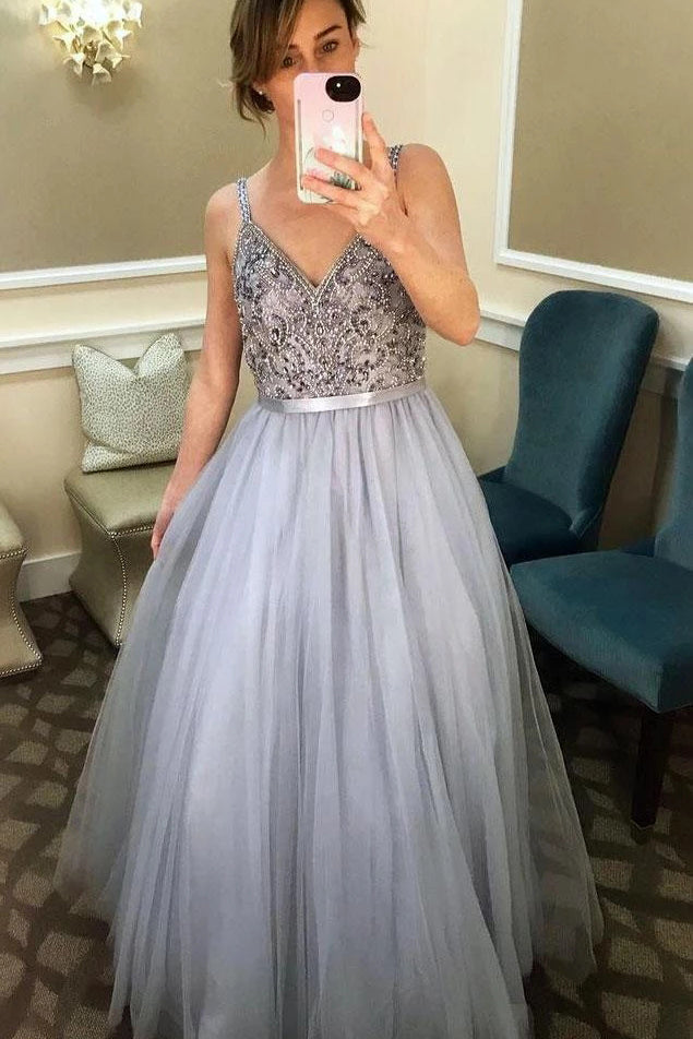 Straps V-Neck Tulle Dresses for Prom Dresses Beading Long Formal Dresses N2036