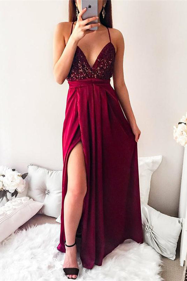Spaghetti Strap Sequin Top Side Slit Prom Dresses, Floor Length Sparkly Prom Dresses