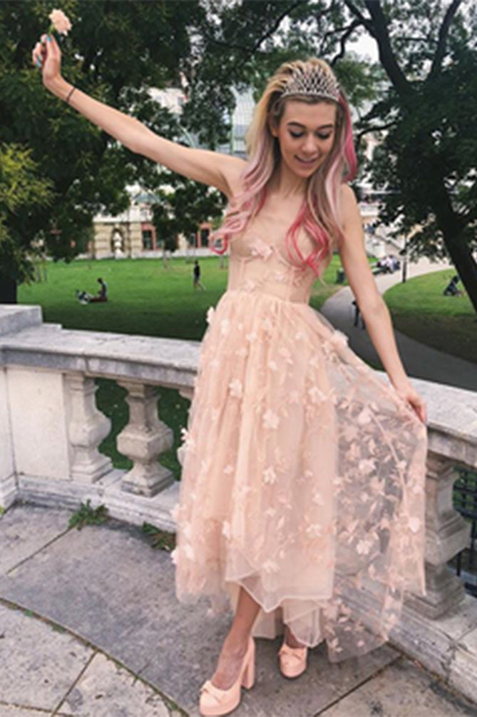 Long Spaghetti Straps Tulle Prom Dress with Flowers, V Back Homecoming Dress