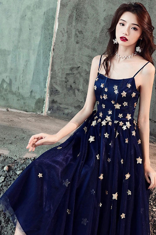 Spaghetti Straps Blue Tulle Tea Length Homecoming Dresses with Stars N2135