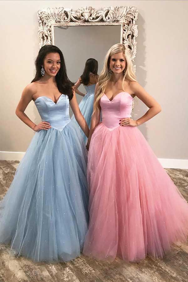 Puffy Sweetheart Blue Pink Tulle Prom Dress Cheap Strapless Floor