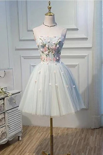 Strapless Flower Appliqued Short Tulle Homecoming Dresses