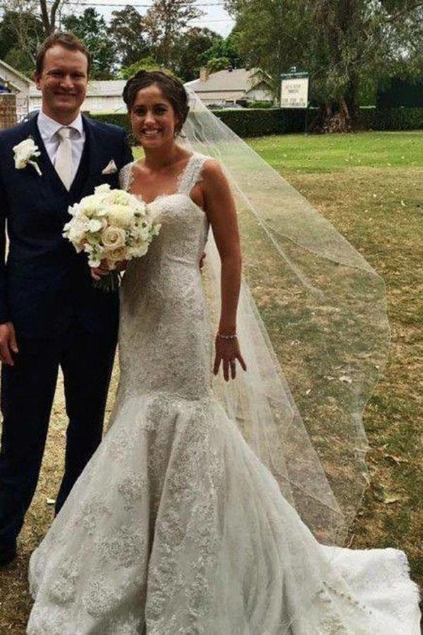 Mermaid Straps Open Back Lace Wedding Dress with Appliques, Gorgeous Long Bridal Dresses N2418