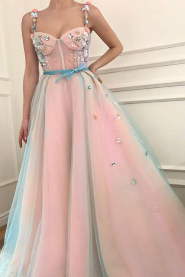 Princess Applique A-Line Spaghetti Straps Tulle Charming Prom Dress with Belt N1270