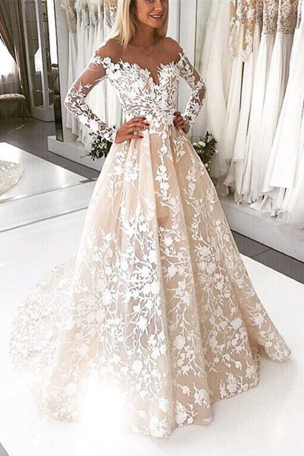 Champagne long hotsell sleeve wedding dresses