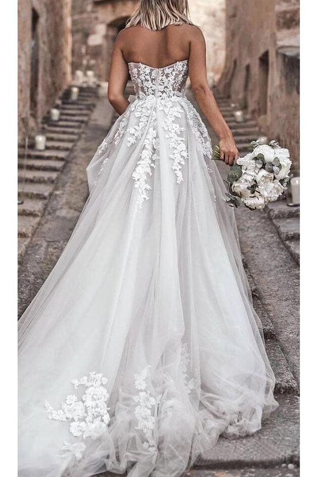Boho Sweetheart Tulle Appliques Long Beach Wedding Dresses