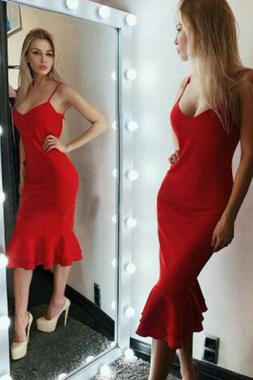 Sheath Spaghetti Straps Tea-Length Red Spaghetti Strap Homecoming Prom Dress N1354