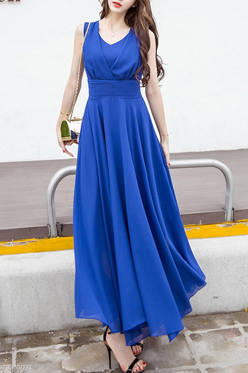 Peach Summer V-Neck Plain Chiffon Maxi Dresses  Flowy Long Bridesmaid Dresses N1564