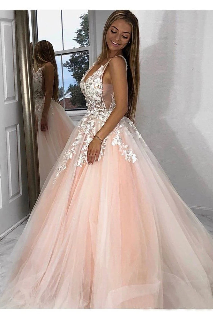 Stunning Lace Applique Long Prom Dress Quinceanera Dress with Flowers N2035