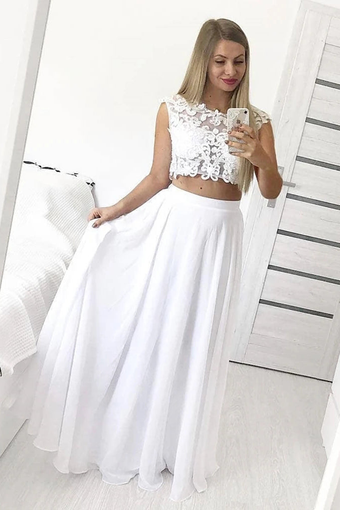 Two Piece Chiffon Floor Length Prom Dress with Lace Appliques, A Line Long Formal Dress N2569