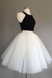 Two Piece Knee Length Ivory Tulle Dress with Black Top, Simple Cheap Prom Dresses