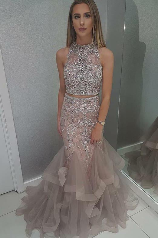 Two Piece Sleeveless Prom Dresses with Beading Floor Length Tulle Evening Dresses N1433