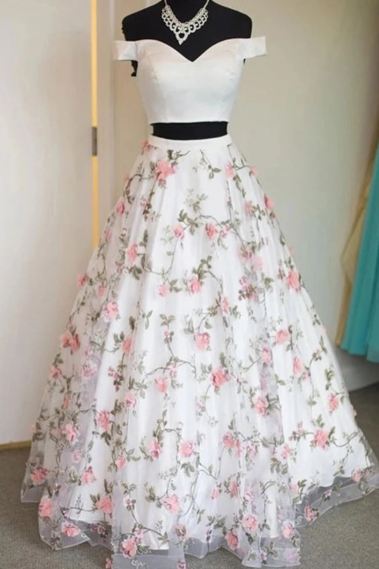 Two Pieces Off the Shoulder Lace Prom Dresses Charming Long Graduation Dresses