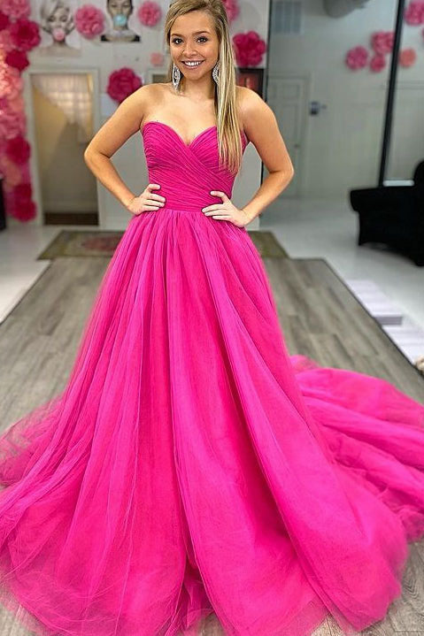 Strapless A Line Sweetheart Evening Dress Formal Dress Tulle Long Prom Dress
