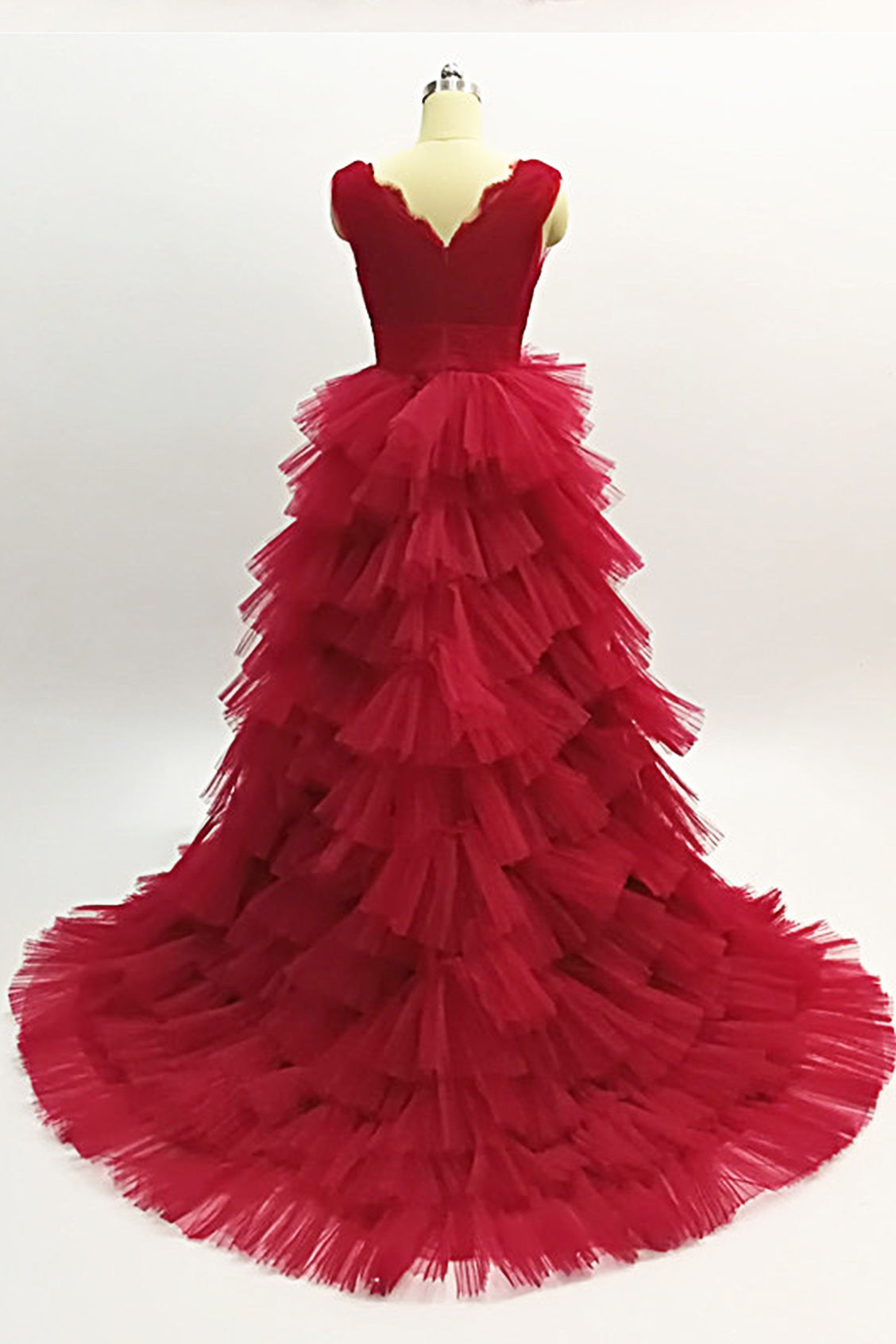 Burgundy Tulle Layered Long Evening Dresses A-Line V-Neck Tiered Tulle Prom Dresses N1472