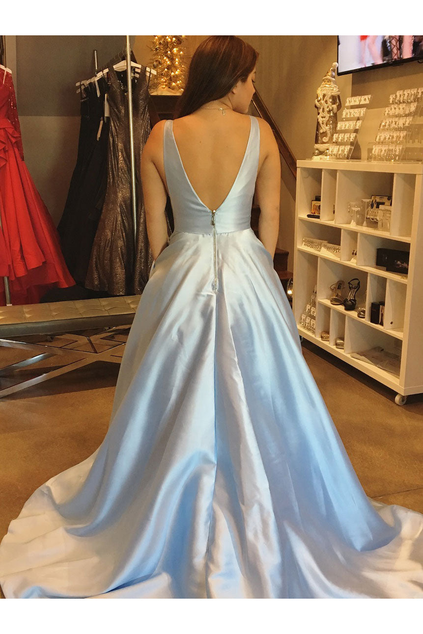 A Line V-Neck Sleeveless Sweep Train Evening Dresses Light Blue Prom Dresses N915