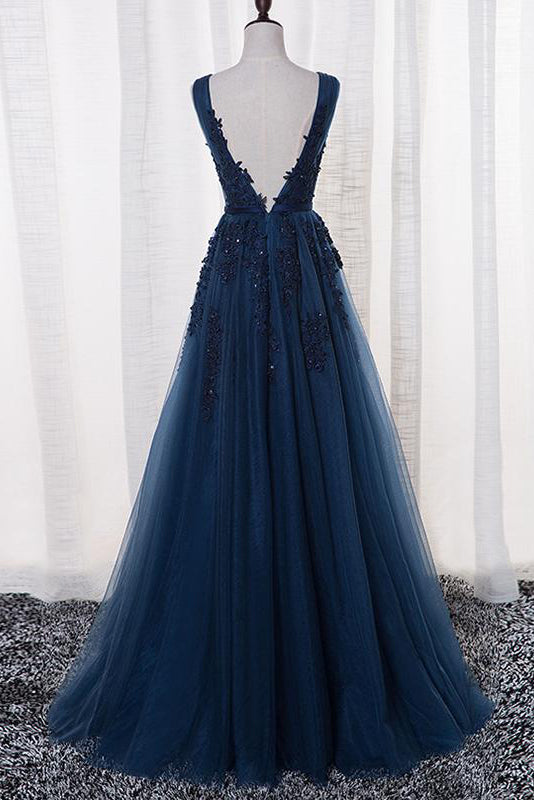 A Line V Neck Sleeveless Appliques Prom Dresses with Beads Floor Length Tulle Evening Dresses N1385