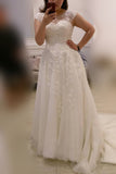 A-line Plus Size Ivory Cap Sleeves Sweep Train Lace Appliques Tulle Wedding Dresses,N447