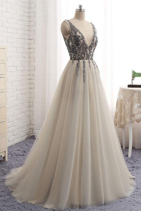 Sexy Deep V-Neck Sleeveless Tulle Prom Dresses with Sequins N419
