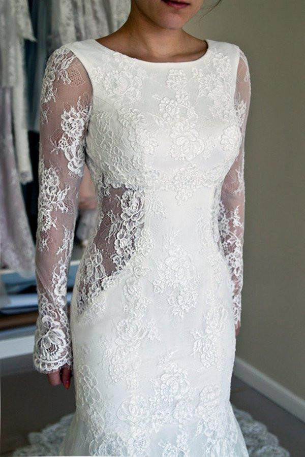 Elegant Mermaid Open Back Long Sleeves Lace Wedding Dresses with Trailing
