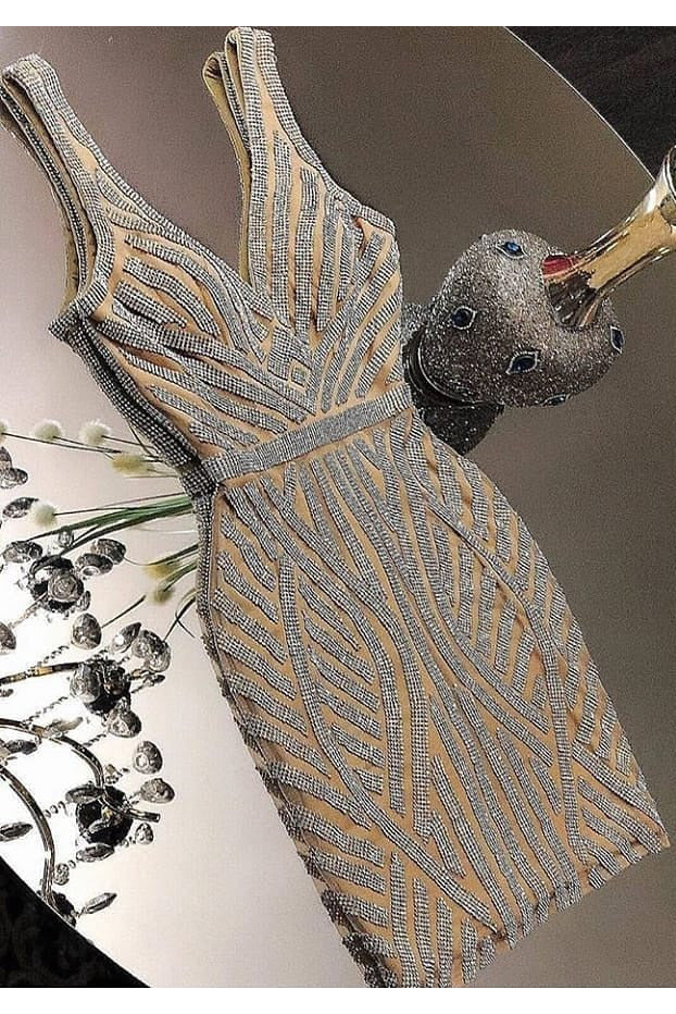 Sheath Sparkly Sexy V Neck Sleeveless Short Homecoming Dresses N1848