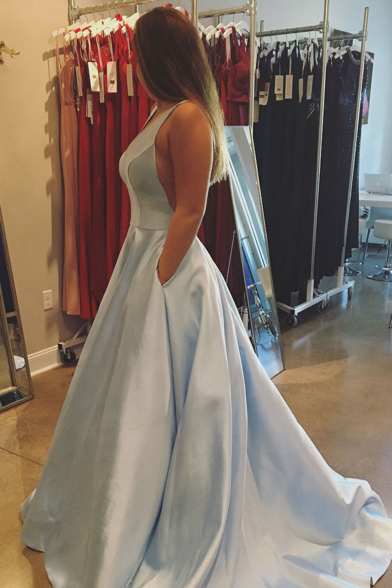 A Line V-Neck Sleeveless Sweep Train Evening Dresses Light Blue Prom Dresses N915