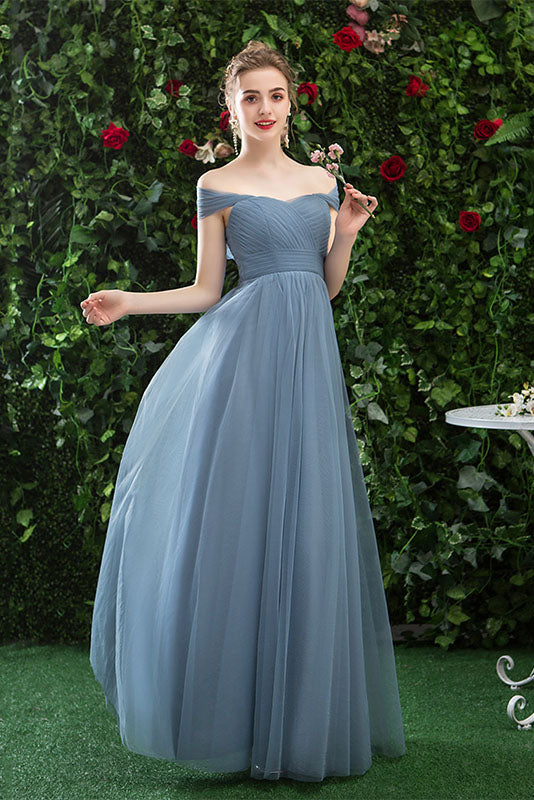 Cheap Off Shoulder Tulle Long Prom Dress with Short Sleeves, Simple Bridesmaid Dresses N2323