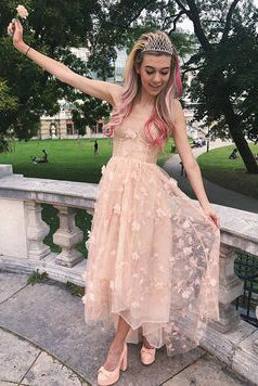 Spaghetti Straps Tulle V Back Homecoming Dresses with Flowers