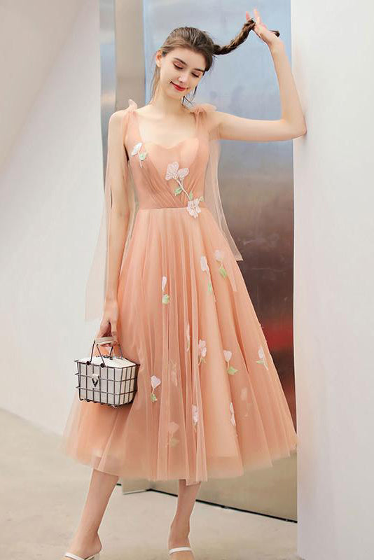 Sweet Tea Length Flower Appliques Tulle Homecoming Dresses N1847