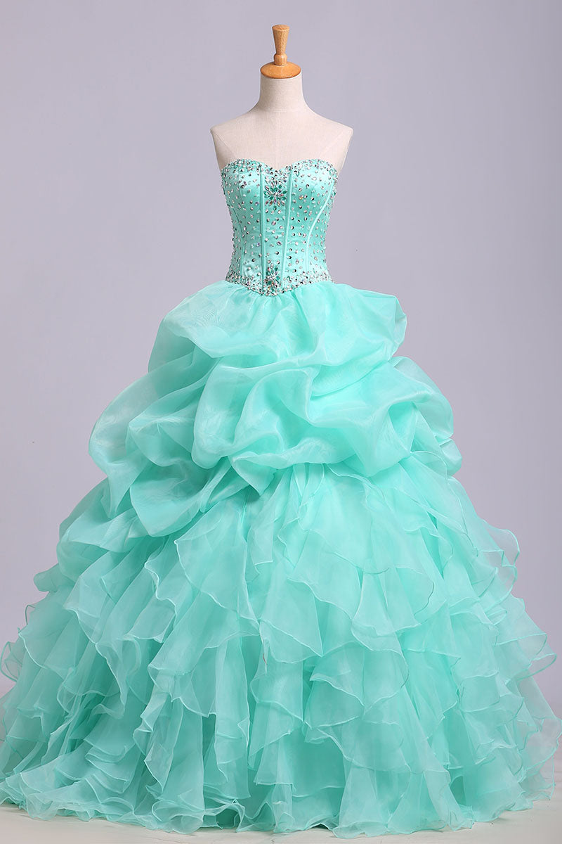 Puffy Sweetheart Sleeveless Organza Floor Length Prom Dress with Sequins, Quinceanera Dress
