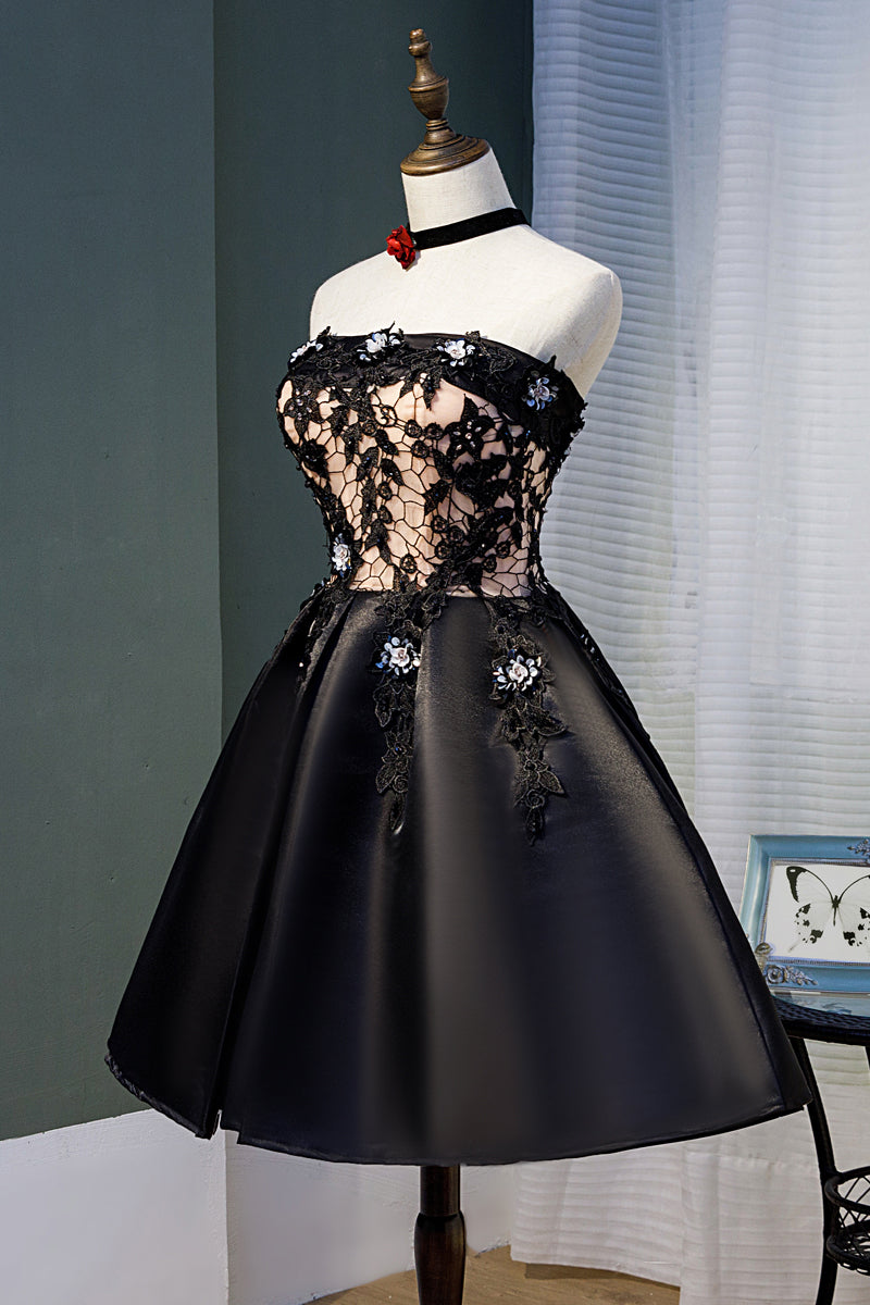 Black Strapless Satin Lace Homecoming Dresses with Crystals N1980
