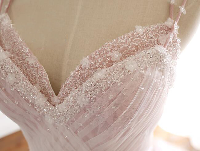 Pink Straps Tulle Prom Dresses with Lace Appliques A-Line Formal Dresses N1488