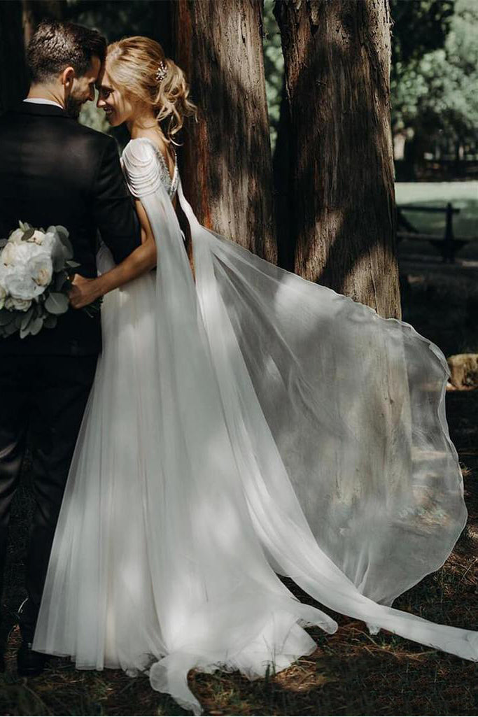 A Line Beaded Chiffon Cap Sleeves Boho Wedding Dresses, Beach Wedding Dresses with Pearls N2066