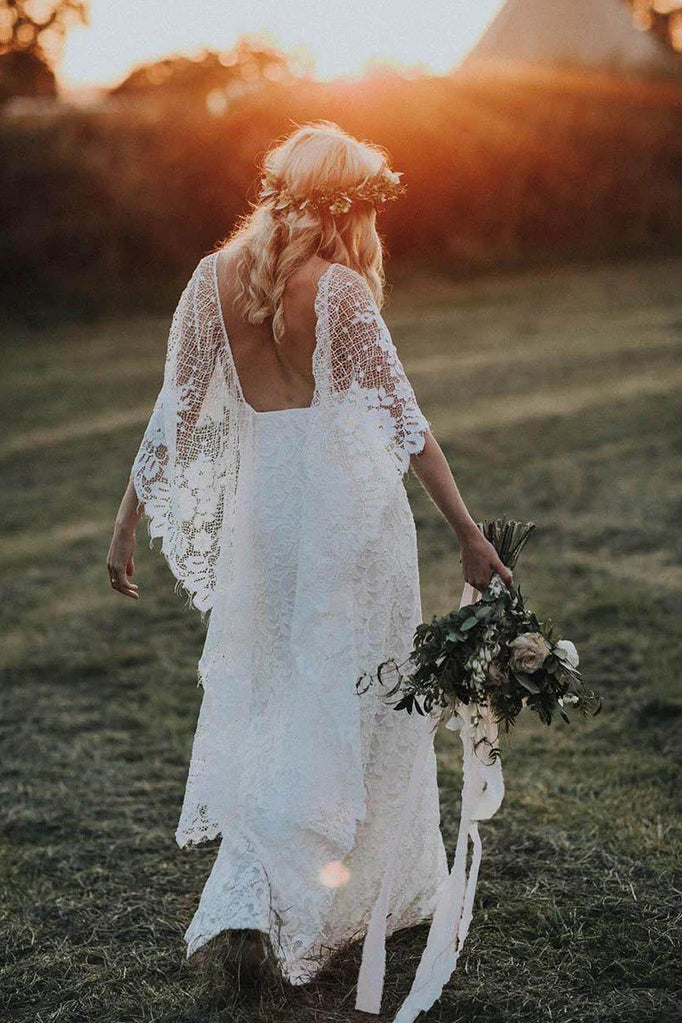 Ivory Boho Wedding Dresses with Batwing Sleeve Lace Rustic Backless Wedding Dresses N2014