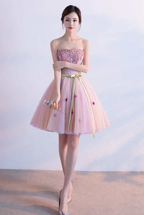 Pink Sweetheart Tulle Beaded Homecoming Dresses with Ribbon N1728