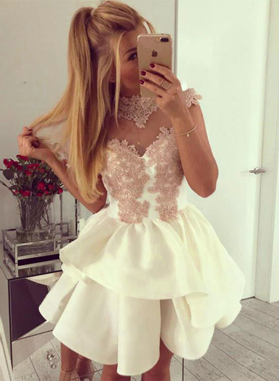 A Line Appliqued Cap Sleeves Homecoming Dresses