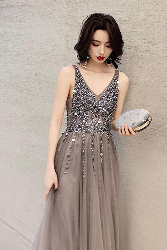 Dark Gray V-Neck Sparkly Beading Tulle Prom Dresses with Sequins