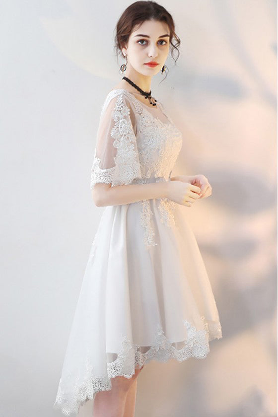 White Lace Short Party Dresses High Low Tulle Homecoming Dresses with Half Sleeves N1909