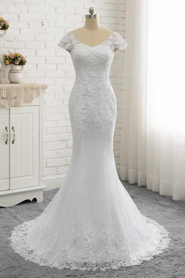 White Lace Appliques Wedding Dress with Short Sleeves, Long Tulle Bridal Dress with Lace N1569