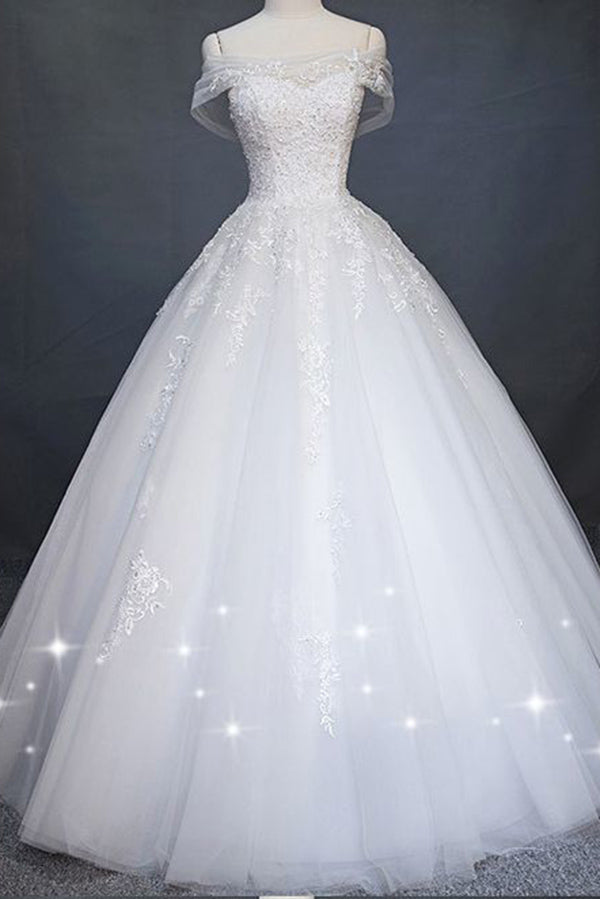 White Princess Off Shoulder Tulle Wedding Dress Floor Length