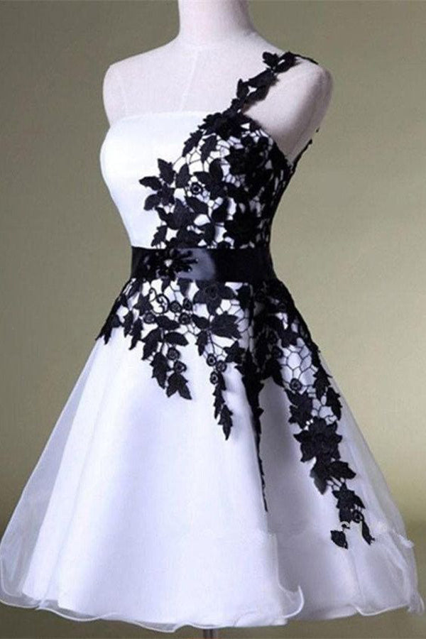 One Shoulder White Homecoming Dress with Black Lace, Knee Length Party Dress
