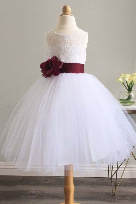 White flower girl 2025 dress with burgundy bow