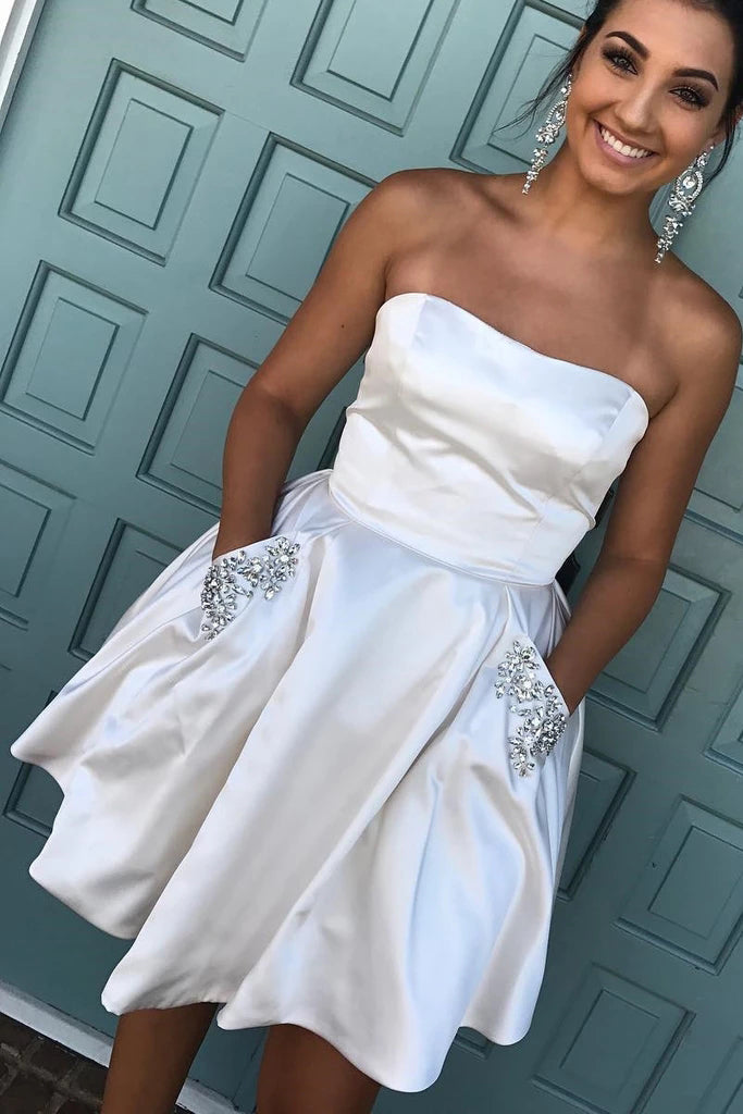 Royal Blue Strapless Satin Homecoming Dresses with Beading A Line Short Graduation Dresses N2051