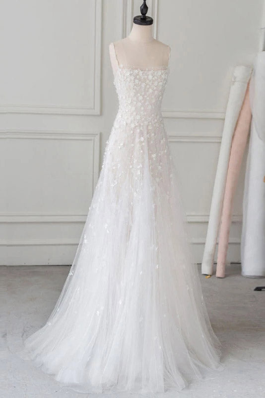 White Spaghetti Straps Lace Tulle Evening Dress, Floor Length Prom Dress with Beads N2105