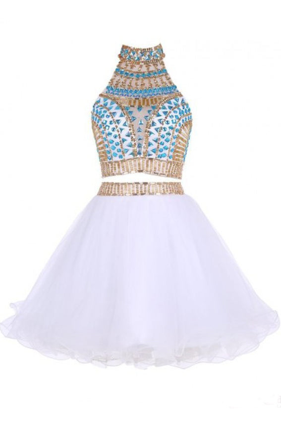 Two Piece Jewel Tulle Homecoming Dress with Beads, White Short Mini Prom Dress