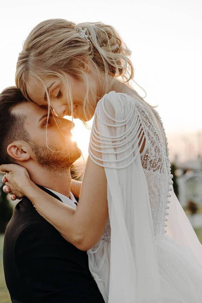 A Line Beaded Chiffon Cap Sleeves Boho Wedding Dresses, Beach Wedding Dresses with Pearls N2066