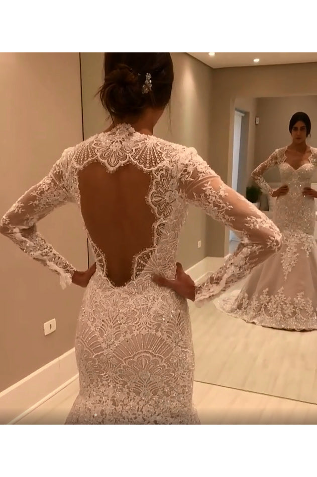 Vintage Long Sleeves Open Back Mermaid Wedding Dresses